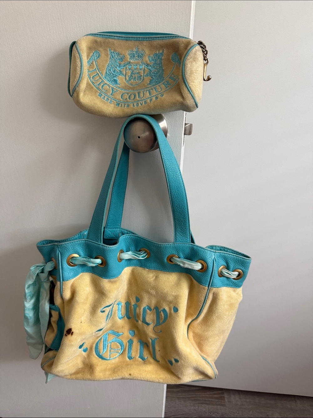 Juicy Couture Yellow & Turquoise 'Juicy Girl' Tote with Matching Pouch
